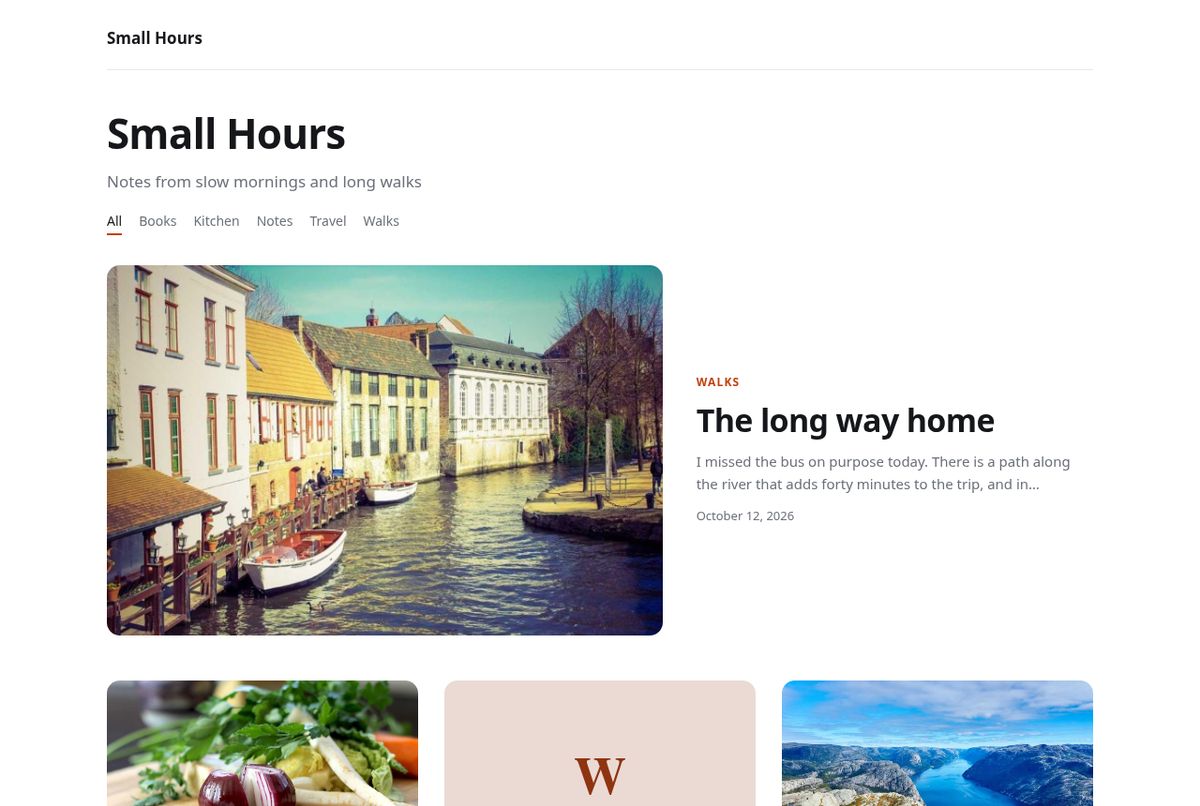 The example blog Small Hours: a photo post called The long way home, with a row of other posts below